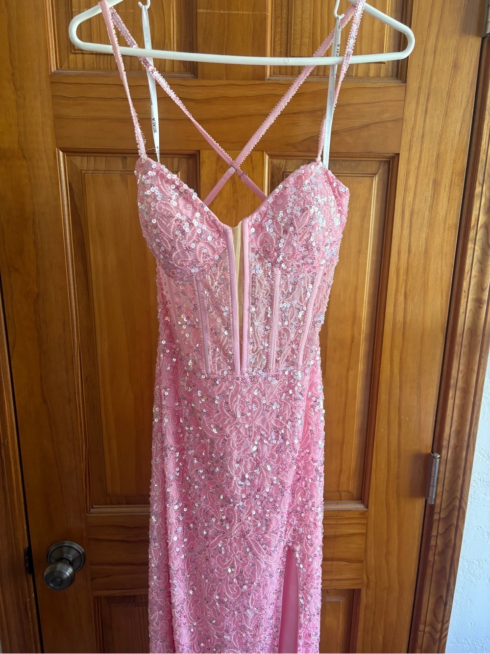 Pink Beaded Spaghetti Strap Gown